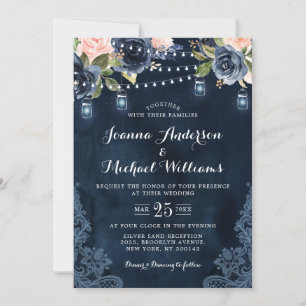 Navy Blue Blush Pink Rose String Lights Wedding Invitation