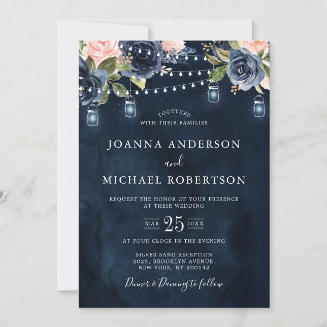 Navy Blue Blush Pink Rose String Lights Wedding Invitation (Front)