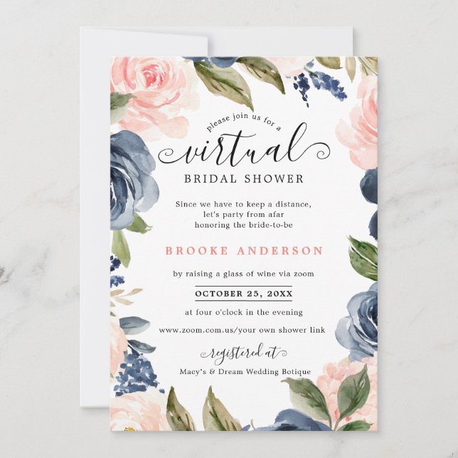 Navy Blue Blush Pink Rose Virtual Bridal Shower Invitation (Front)