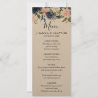 Navy Blue Blush Pink Rose Wedding Menu