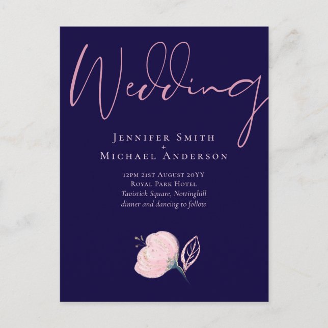Navy Blue Blush Pink Rosegold Wedding Budget Postcard (Front)