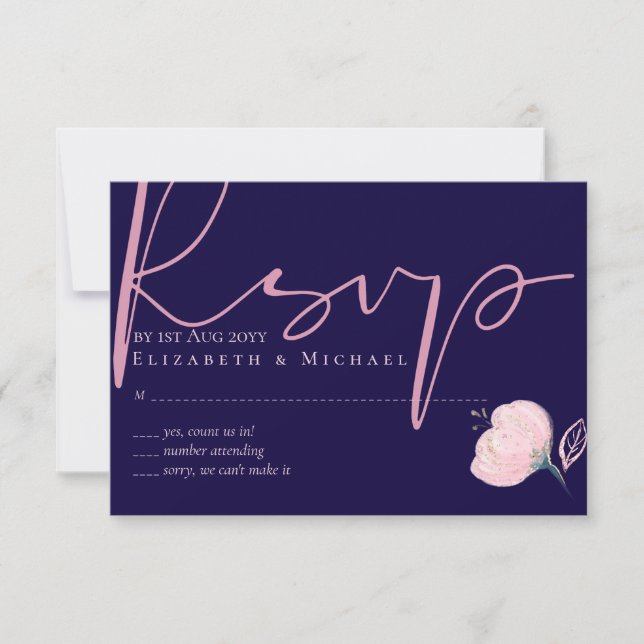 Navy Blue Blush Pink Rosegold Wedding Budget RSVP Card (Front)