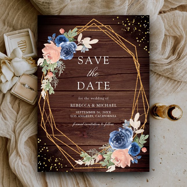 Navy Blue Blush Pink Roses Barn Wood Wedding Save The Date (Creator Uploaded)