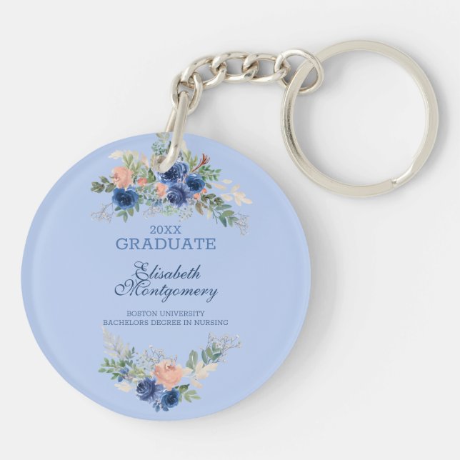 Navy Blue Blush Pink Roses Boho Graduation   Key Ring (Back)