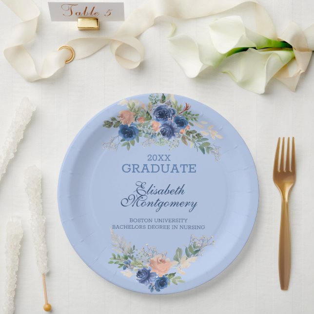Navy Blue Blush Pink Roses Boho Graduation   Paper Plate (Wedding)