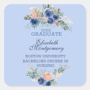 Navy Blue Blush Pink Roses Boho Graduation  Square Sticker
