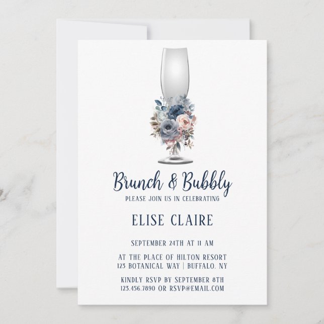 Navy Blue Blush Pink Roses Brunch & Bubbly Invitation (Front)