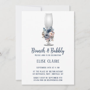 Navy Blue Blush Pink Roses Brunch & Bubbly Invitation