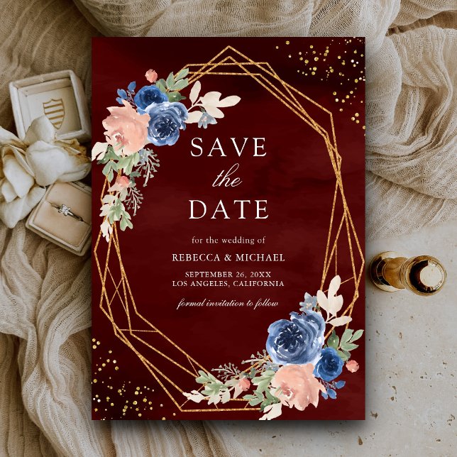 Navy Blue Blush Pink Roses Burgundy Wedding Save The Date (Creator Uploaded)