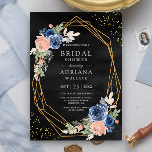 Navy Blue Blush Pink Roses Dark Grey Bridal Shower Invitation