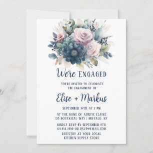 Navy Blue Blush Pink Roses Engagement Party Invitation