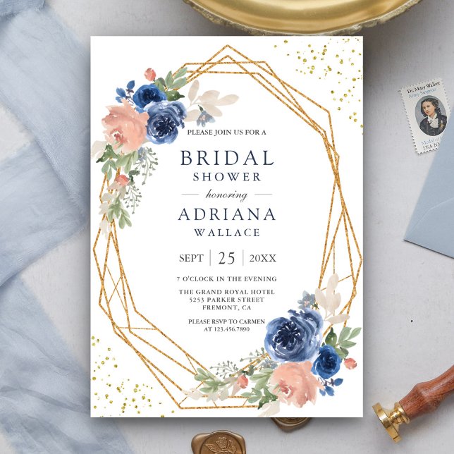 Navy Blue Blush Pink Roses Geometric Bridal Shower Invitation (Creator Uploaded)