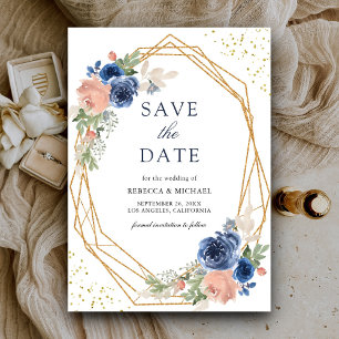 Navy Blue Blush Pink Roses Geometric Wedding Save The Date