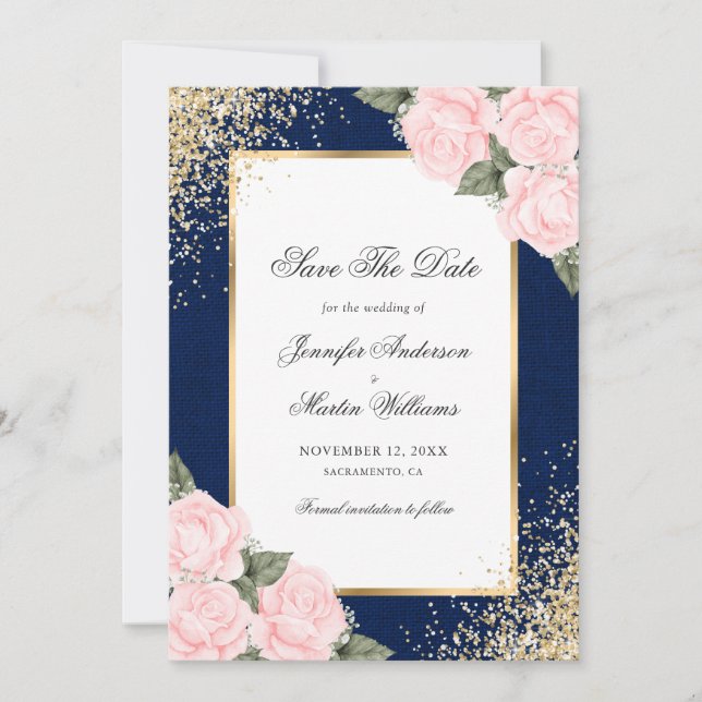 Navy Blue Blush Pink Roses Photo Save The Date (Front)