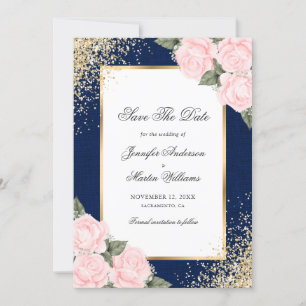 Navy Blue Blush Pink Roses Photo Save The Date