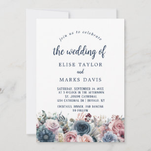 Navy Blue Blush Pink Roses Wedding Invitation