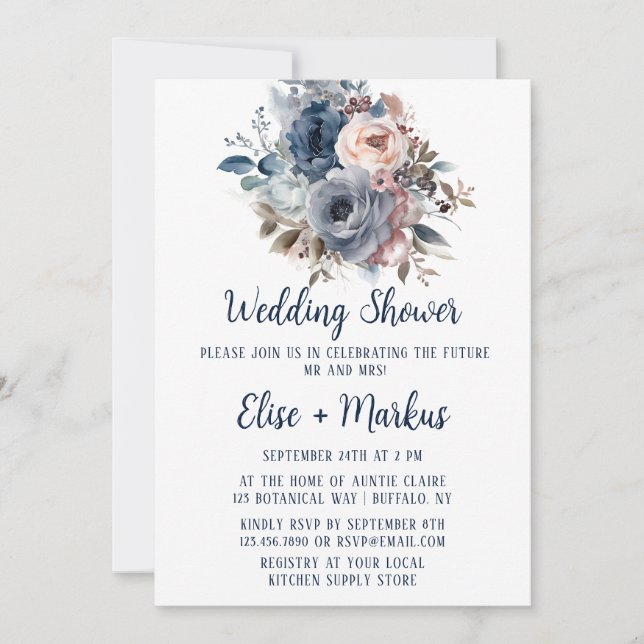 Navy Blue Blush Pink Roses Wedding Shower Invitation (Front)