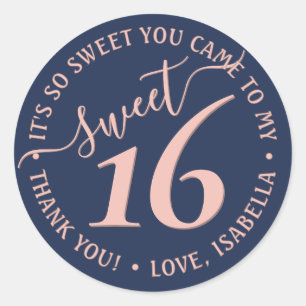 Navy Blue Blush Pink Sweet 16 Birthday Party Favou Classic Round Sticker