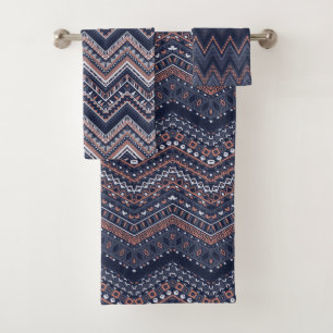 NAVY BLUE & BLUSH PINK TRIBAL ETHNIC PATTERNS BATH TOWEL SET