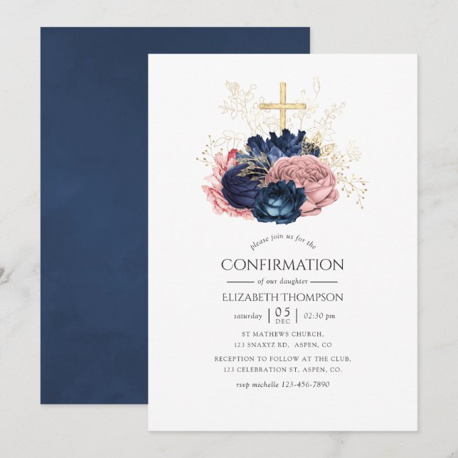 Navy Blue & Blush Pink Vintage Roses Confirmation Invitation (Front/Back)