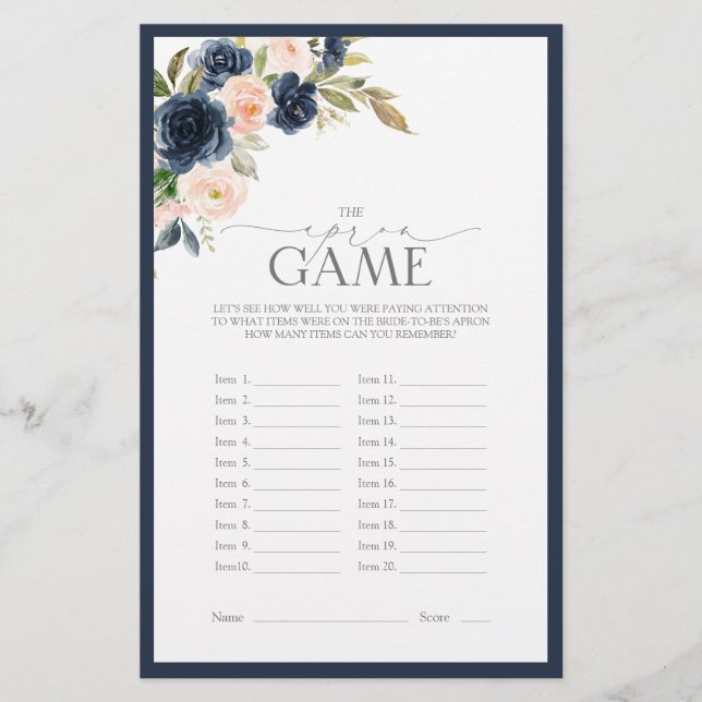 Navy Blue Blush Pink Watercolor Bridal Shower Game (Front)