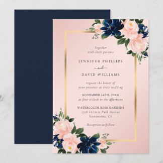 Navy Blue Blush Pink Watercolor Floral Wedding Invitation
