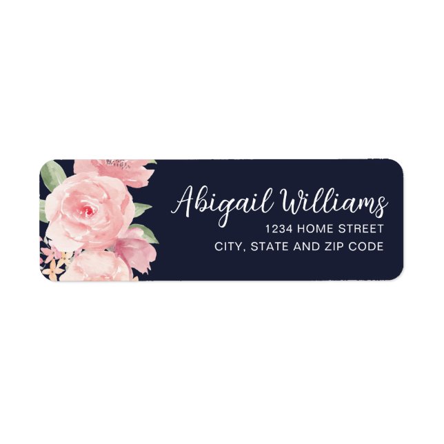 Navy Blue Blush Pink Watercolor Roses Address (Front)