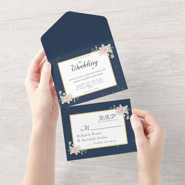  Navy Blue Blush Pink Wedding  All In One Invitation (Tearaway)