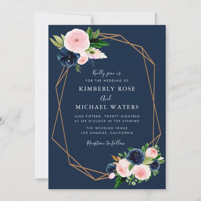 Navy blue blush pink wedding invitation (Front)