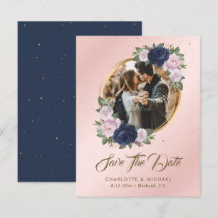 Navy Blue Blush Pink Wedding Photo Save The Date Announcement