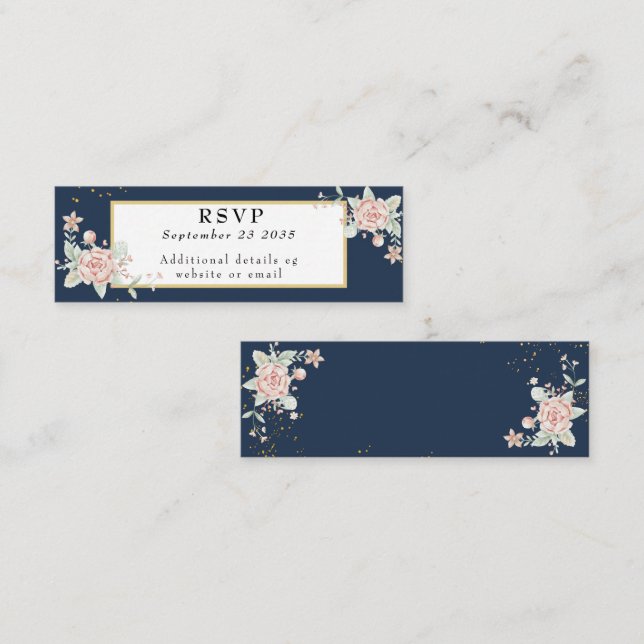 Navy Blue Blush Pink Wedding RSVP  Mini Business Card (Front/Back)