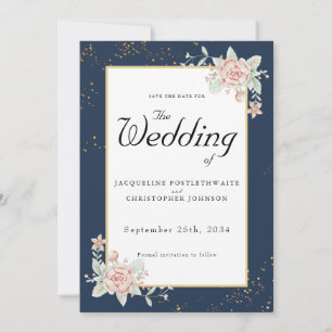 Navy Blue Blush Pink Wedding Save The Date Invitation