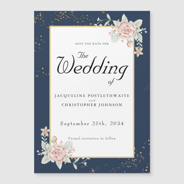 Navy Blue Blush Pink Wedding Save The Date Magnetic Invitation (Front)