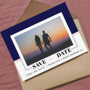Navy blue, blush pink wedding Save the Date photo Postcard