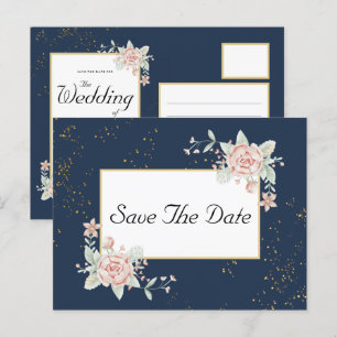 Navy Blue Blush Pink Wedding Save The Date Postcard