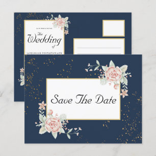 Navy Blue Blush Pink Wedding Save The Date Postcard