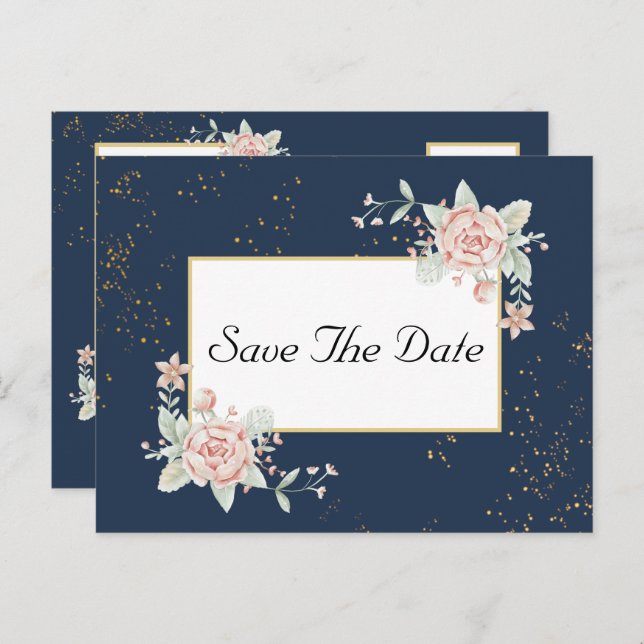 Navy Blue Blush Pink Wedding Save The Date Postcard (Front/Back)