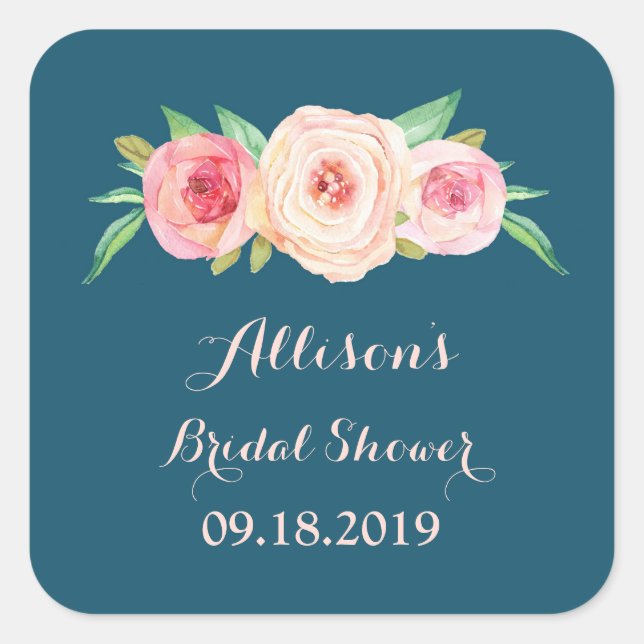 Navy Blue Blush PinkFloral Bridal Shower Favour Ta Square Sticker (Front)