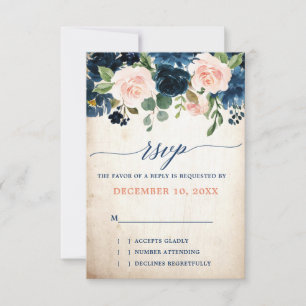 Navy Blue Blush Rose Boho Rustic Country Wedding RSVP Card