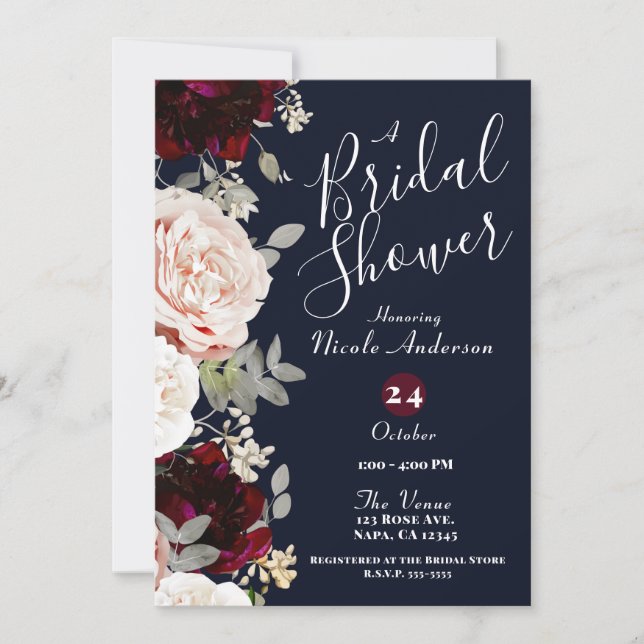 Navy Blue Blush Rose Burgundy Floral Bridal Shower Invitation (Front)
