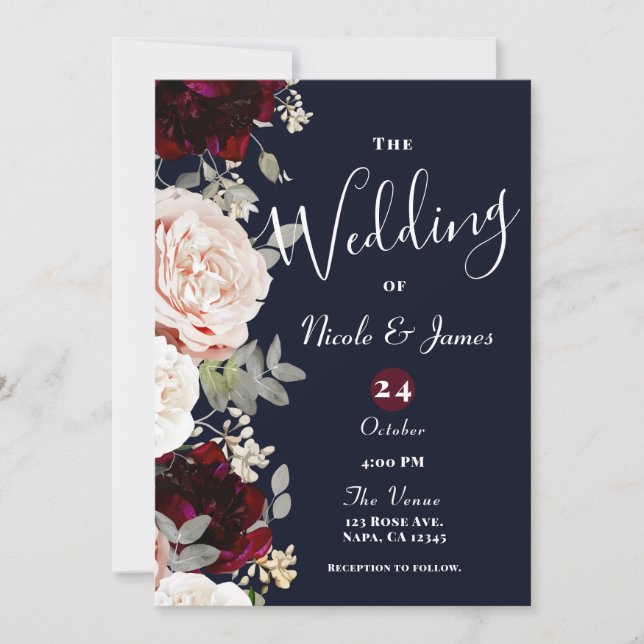 Navy Blue Blush Rose & Burgundy Floral Wedding Inv Invitation (Front)
