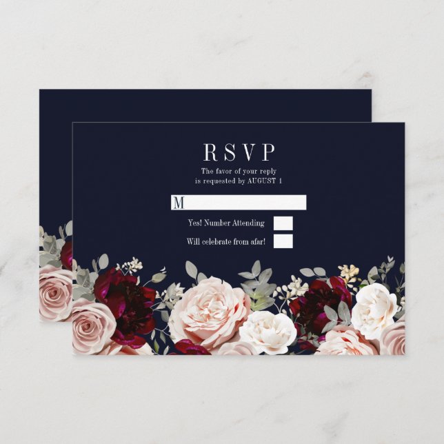 Navy Blue Blush Rose Burgundy Floral Wedding RSVP Invitation (Front/Back)
