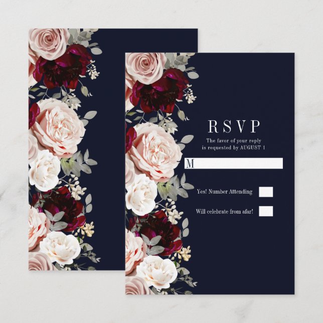 Navy Blue Blush Rose Burgundy Floral Wedding RSVP Invitation (Front/Back)