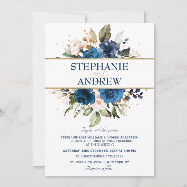 Navy Blue Blush Rose Floral Rustic Country Wedding Invitation (Front)