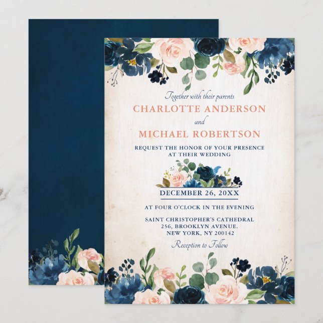 Navy Blue Blush Rose Floral Rustic Country Wedding Invitation (Front/Back)