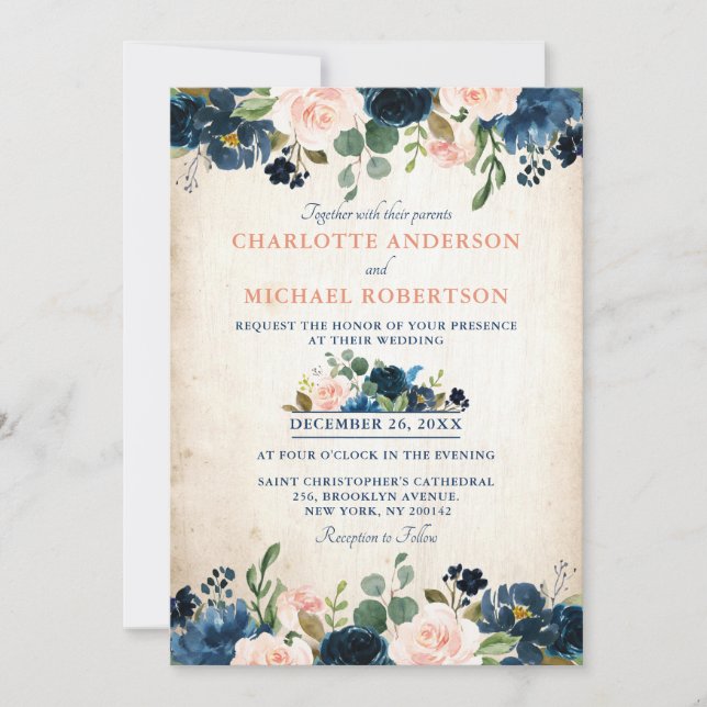 Navy Blue Blush Rose Floral Rustic Country Wedding Invitation (Front)