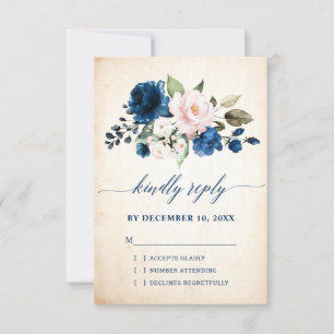 Navy Blue Blush Rose Floral Rustic Country Wedding RSVP Card