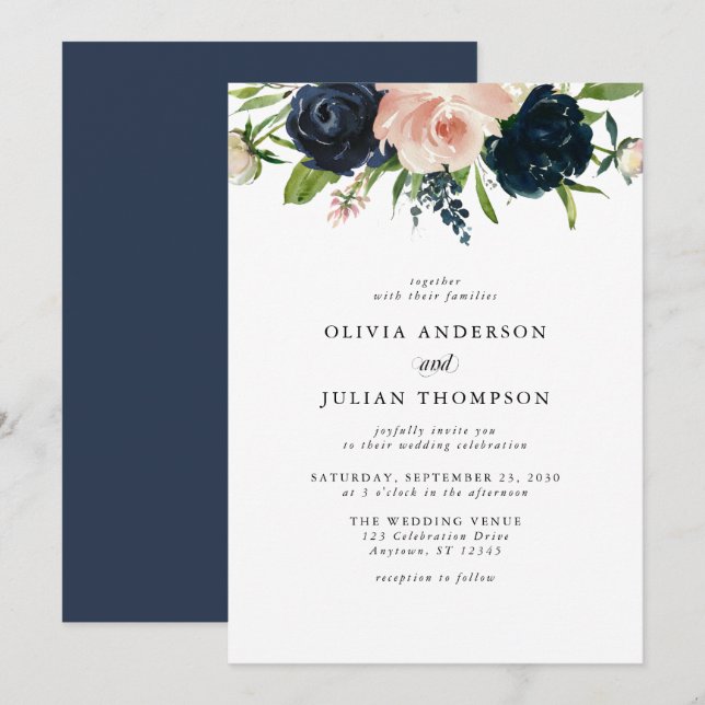 Navy Blue & Blush Rose Floral Watercolor Wedding Invitation (Front/Back)