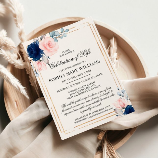 Navy Blue & Blush Rose Funeral Celebration of Life Invitation (Creator Uploaded)