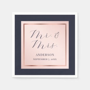 Navy Blue Blush Rose Gold Elegant Script Wedding Napkin